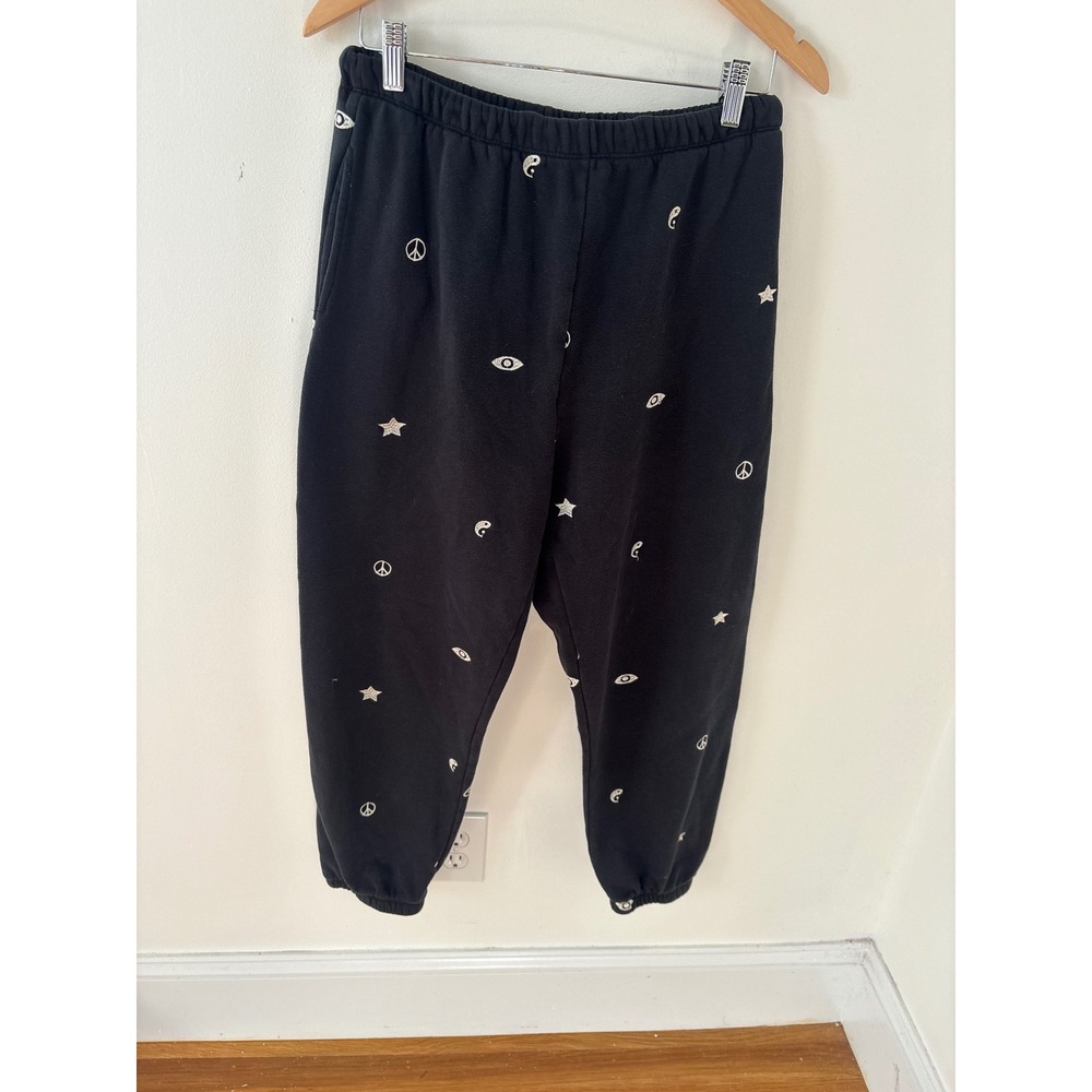 Spiritual Gangster Black Embroidered Celestial Symbols Jogger Sweatpants Medium